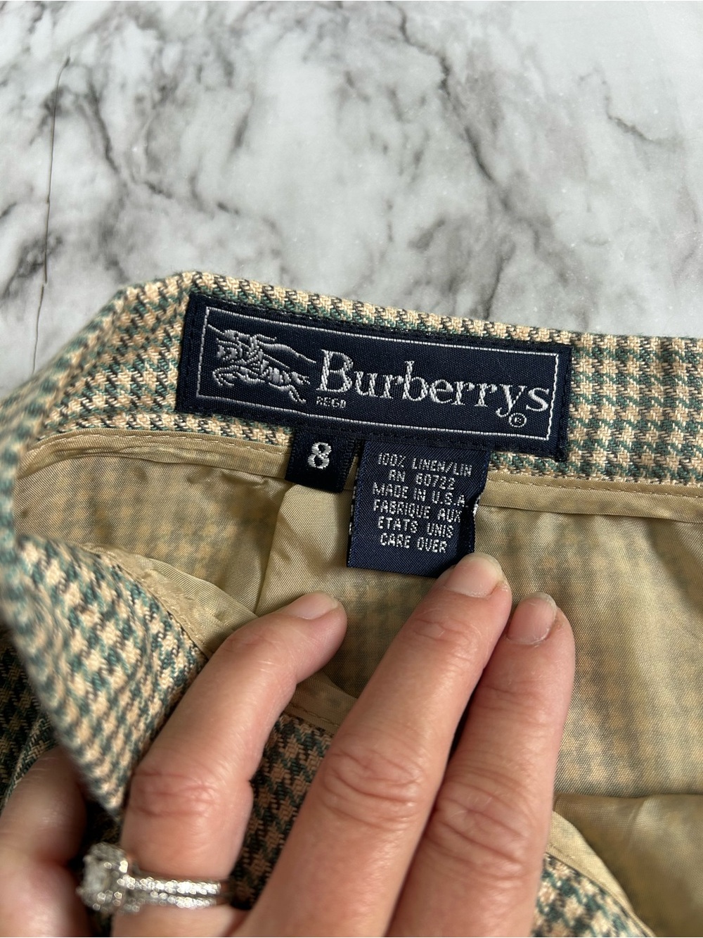 Vintage 90s Burberrys 2 piece set Skirt Suit hounds tooth 100% linen with FLAWS - Picture 12 of 16